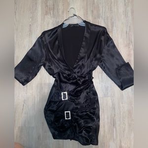 ZARA Black satin long sleeve mini dress low vneck bodycon festive crystal detail